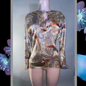 Escada Vintage ‘70s Ley Bird and Paisley Silk Blouse with Button Collar Size 34